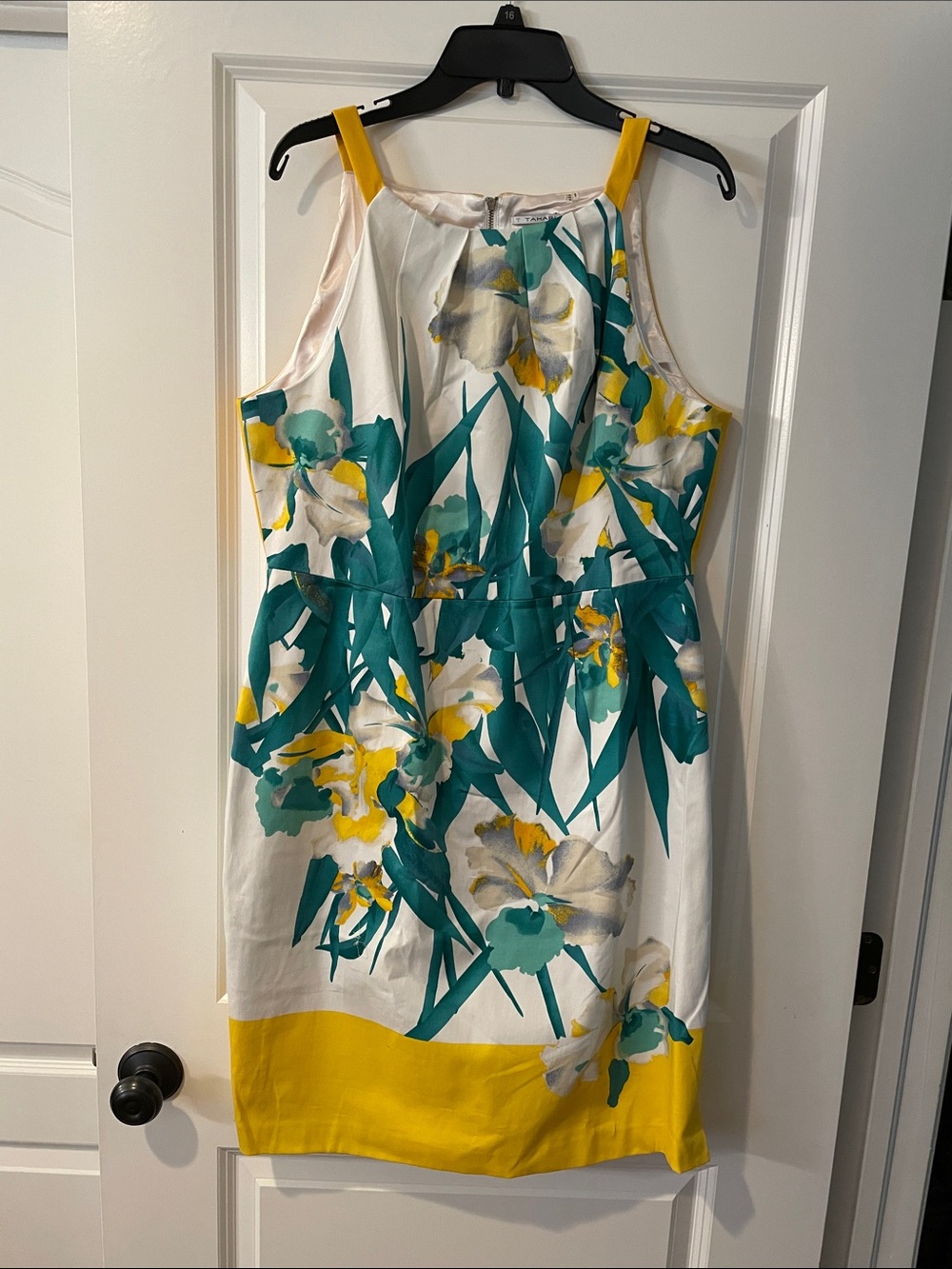 T Tahari White Floral Midi Dress with Teal and Yellow Accents